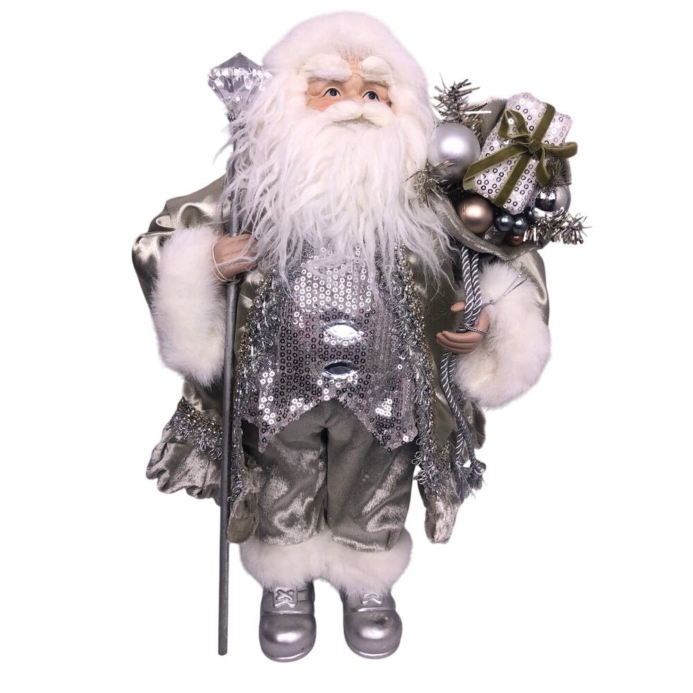 Christmas Silver White Faux Fur 16" Standing Ceramic Face Hands Collectible Sana